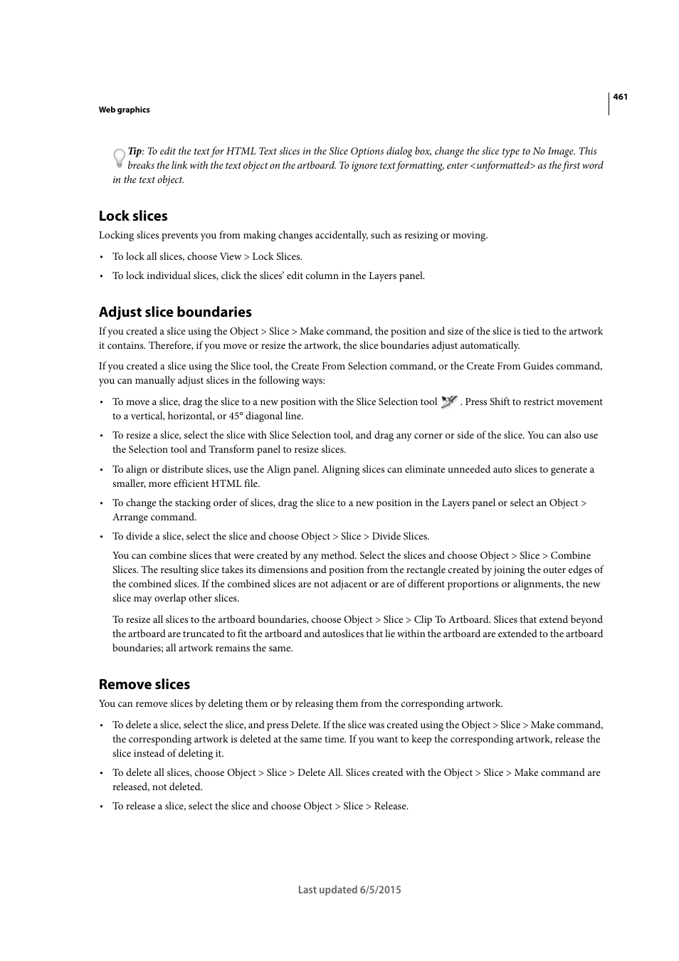 Lock slices, Adjust slice boundaries, Remove slices | Adobe Illustrator CC 2015 User Manual | Page 466 / 556