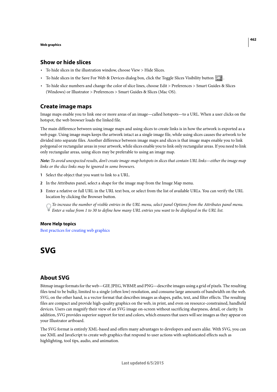 Show or hide slices, Create image maps, About svg | Adobe Illustrator CC 2015 User Manual | Page 467 / 556