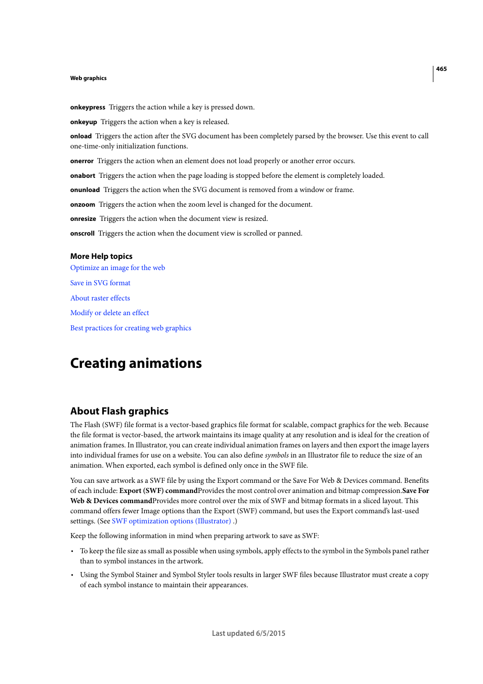 Creating animations, About flash graphics | Adobe Illustrator CC 2015 User Manual | Page 470 / 556