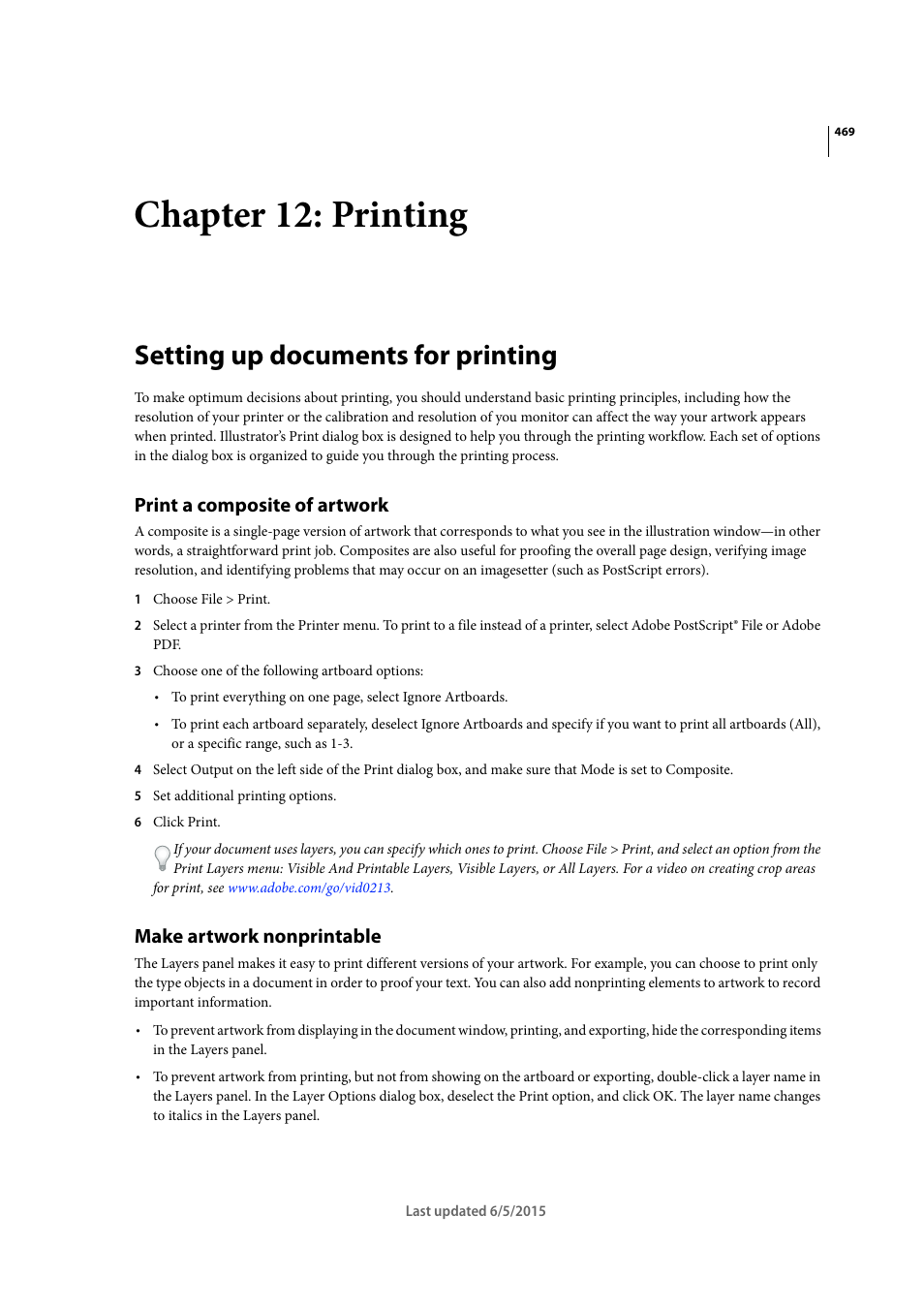 Chapter 12: printing, Setting up documents for printing, Print a composite of artwork | Make artwork nonprintable | Adobe Illustrator CC 2015 User Manual | Page 474 / 556