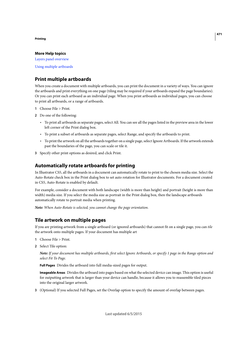 Print multiple artboards, Automatically rotate artboards for printing, Tile artwork on multiple pages | Adobe Illustrator CC 2015 User Manual | Page 476 / 556