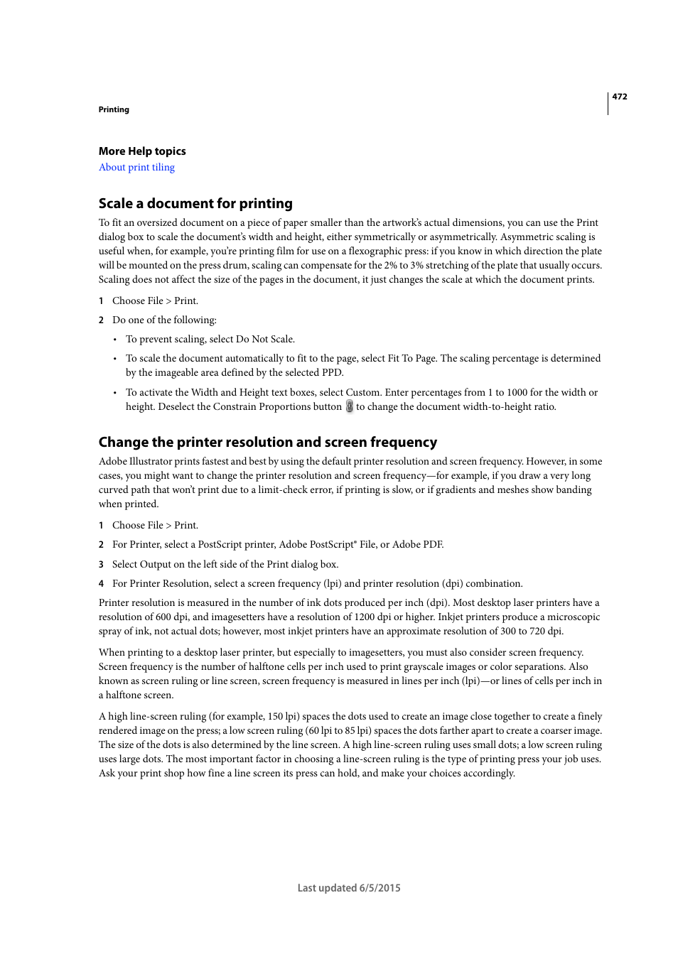 Scale a document for printing, Change the printer resolution and screen frequency | Adobe Illustrator CC 2015 User Manual | Page 477 / 556