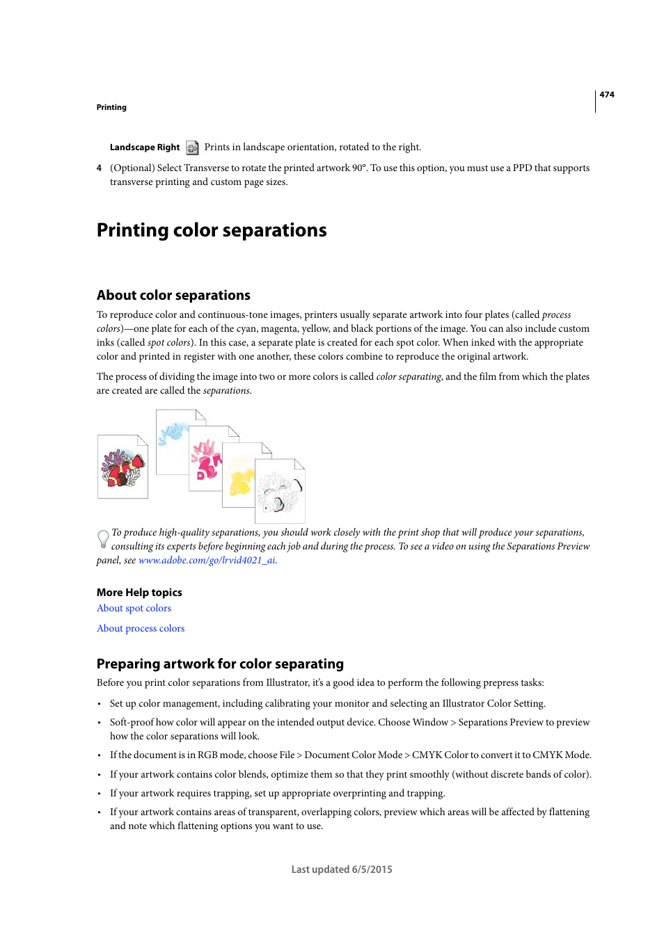 Printing color separations, About color separations, Preparing artwork for color separating | Adobe Illustrator CC 2015 User Manual | Page 479 / 556