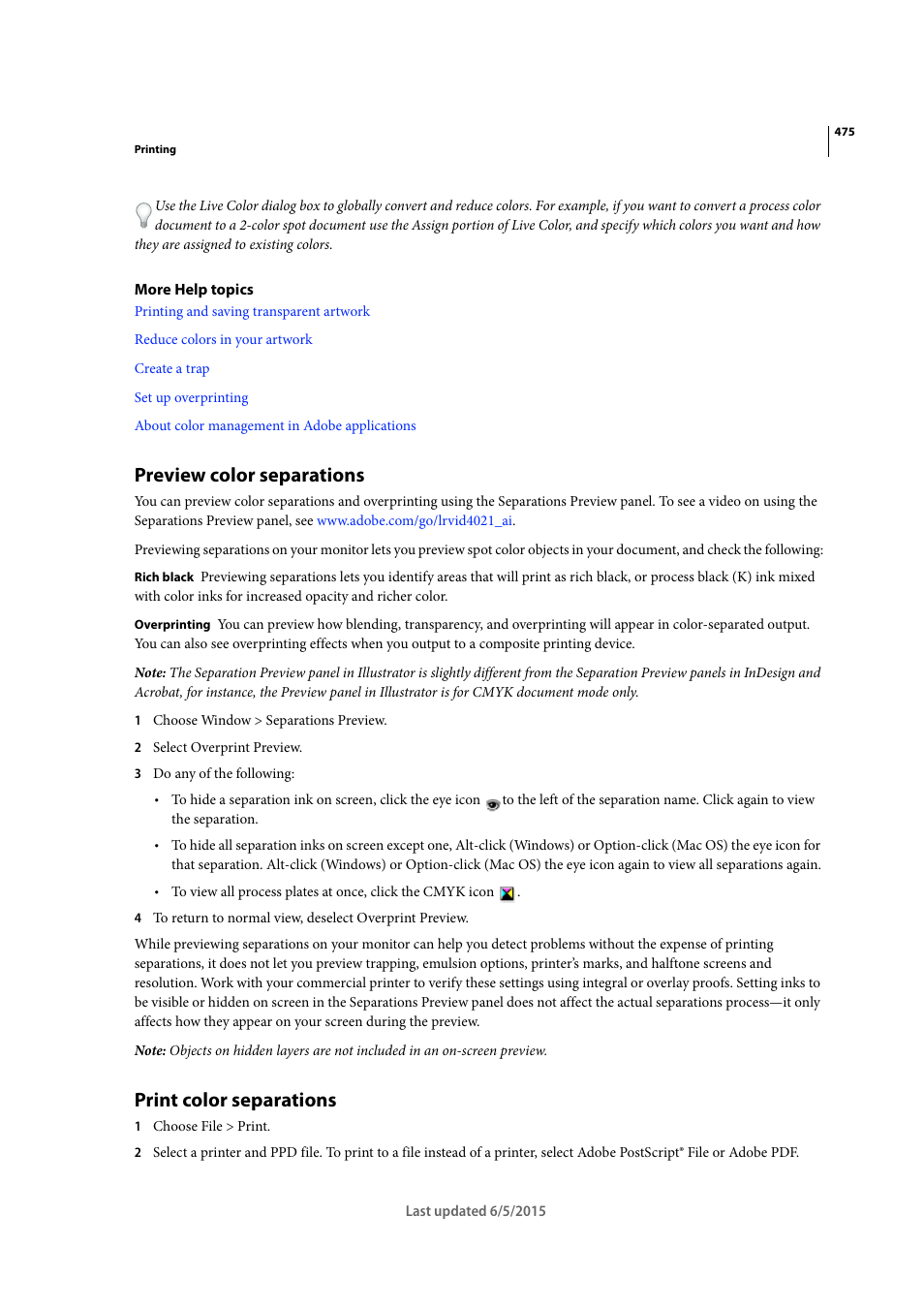 Preview color separations, Print color separations | Adobe Illustrator CC 2015 User Manual | Page 480 / 556