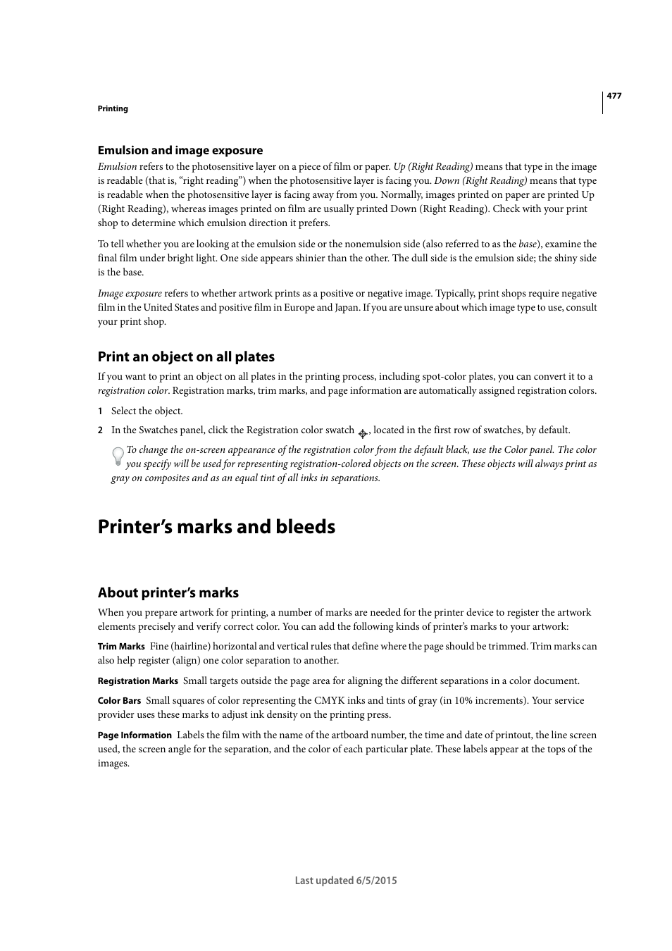 Emulsion and image exposure, Print an object on all plates, Printer’s marks and bleeds | About printer’s marks | Adobe Illustrator CC 2015 User Manual | Page 482 / 556