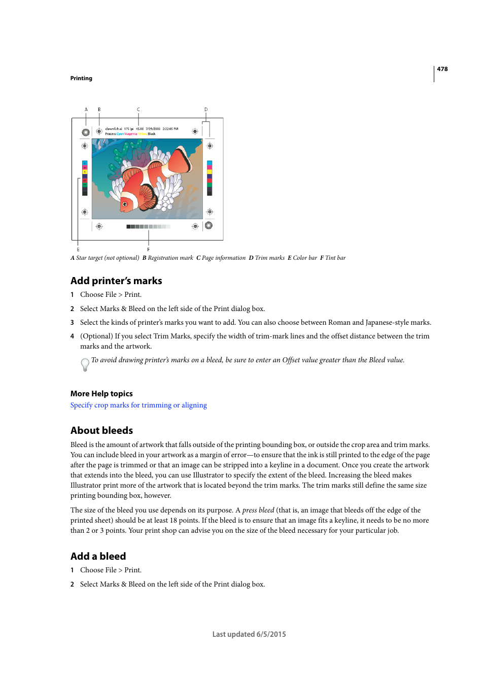 Add printer’s marks, About bleeds, Add a bleed | Adobe Illustrator CC 2015 User Manual | Page 483 / 556