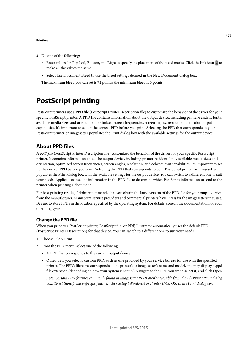 Postscript printing, About ppd files, Change the ppd file | Adobe Illustrator CC 2015 User Manual | Page 484 / 556