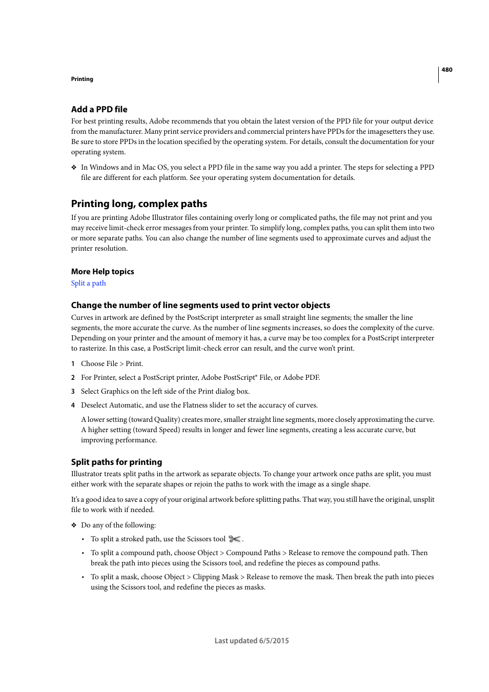 Add a ppd file, Printing long, complex paths, Split paths for printing | Adobe Illustrator CC 2015 User Manual | Page 485 / 556