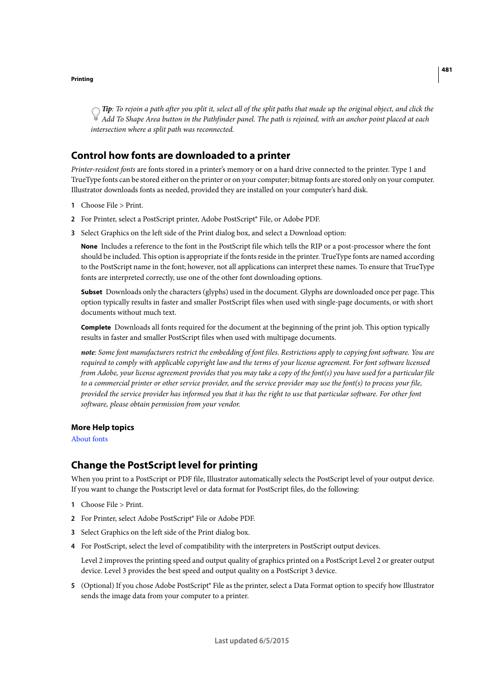 Control how fonts are downloaded to a printer, Change the postscript level for printing | Adobe Illustrator CC 2015 User Manual | Page 486 / 556