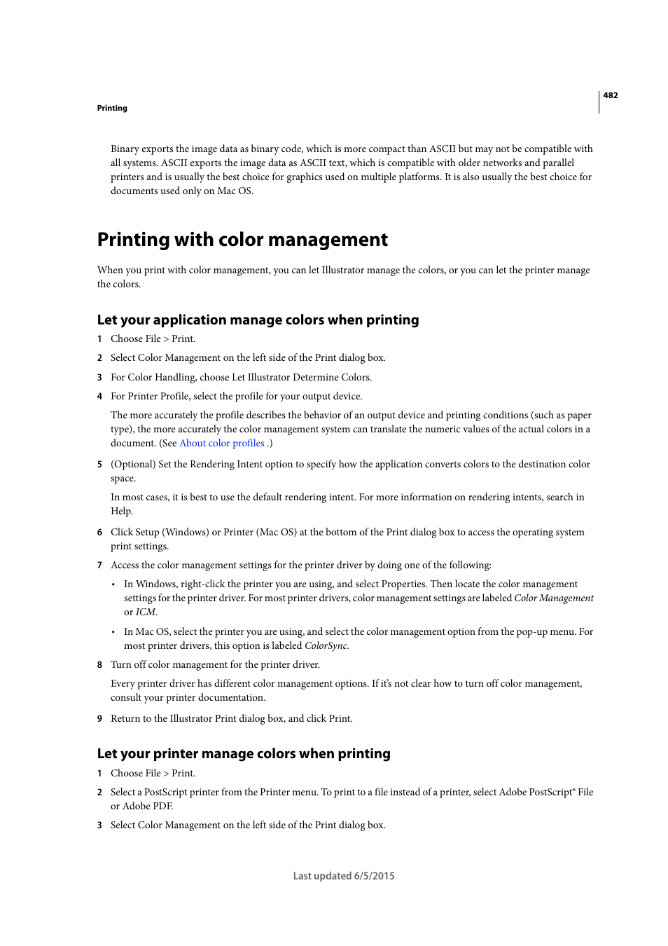 Printing with color management, Let your application manage colors when printing, Let your printer manage colors when printing | Adobe Illustrator CC 2015 User Manual | Page 487 / 556