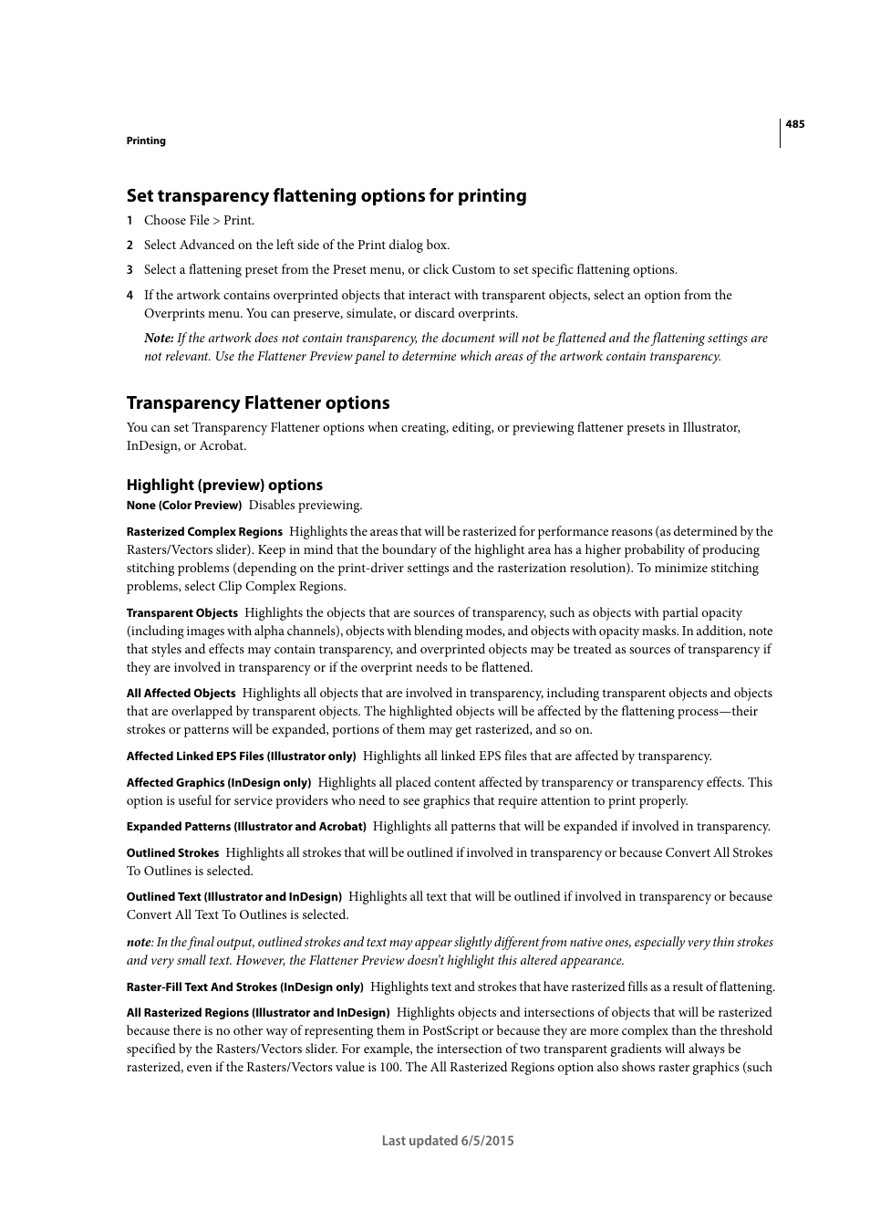 Set transparency flattening options for printing, Transparency flattener options, Highlight (preview) options | Adobe Illustrator CC 2015 User Manual | Page 490 / 556
