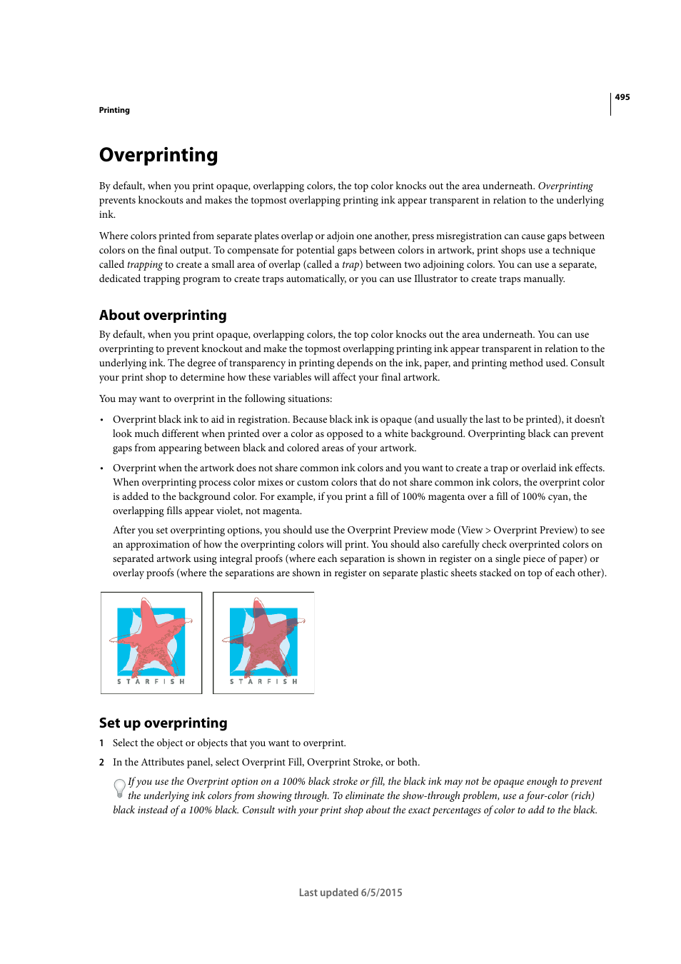 Overprinting, About overprinting, Set up overprinting | Adobe Illustrator CC 2015 User Manual | Page 500 / 556