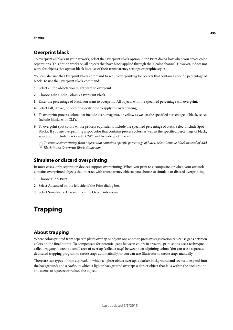 Overprint black, Simulate or discard overprinting, Trapping | About trapping | Adobe Illustrator CC 2015 User Manual | Page 501 / 556