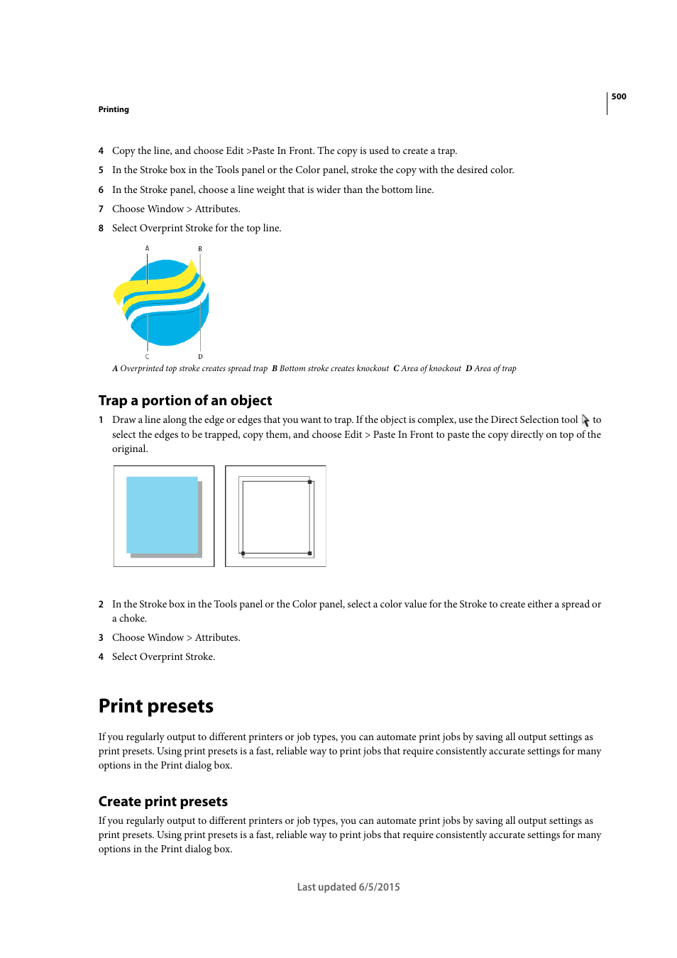Trap a portion of an object, Print presets, Create print presets | Adobe Illustrator CC 2015 User Manual | Page 505 / 556