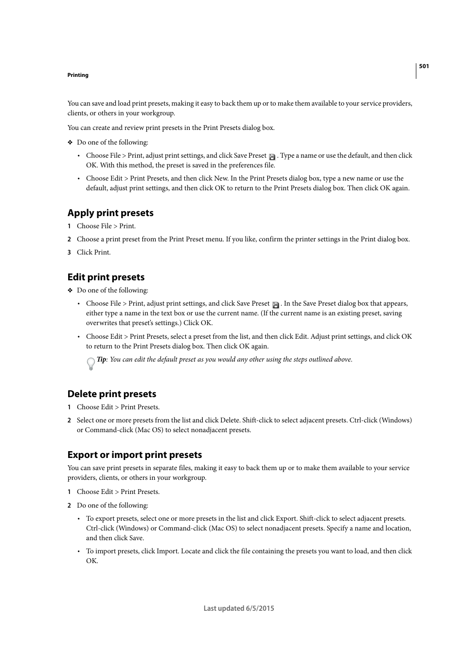 Apply print presets, Edit print presets, Delete print presets | Export or import print presets | Adobe Illustrator CC 2015 User Manual | Page 506 / 556