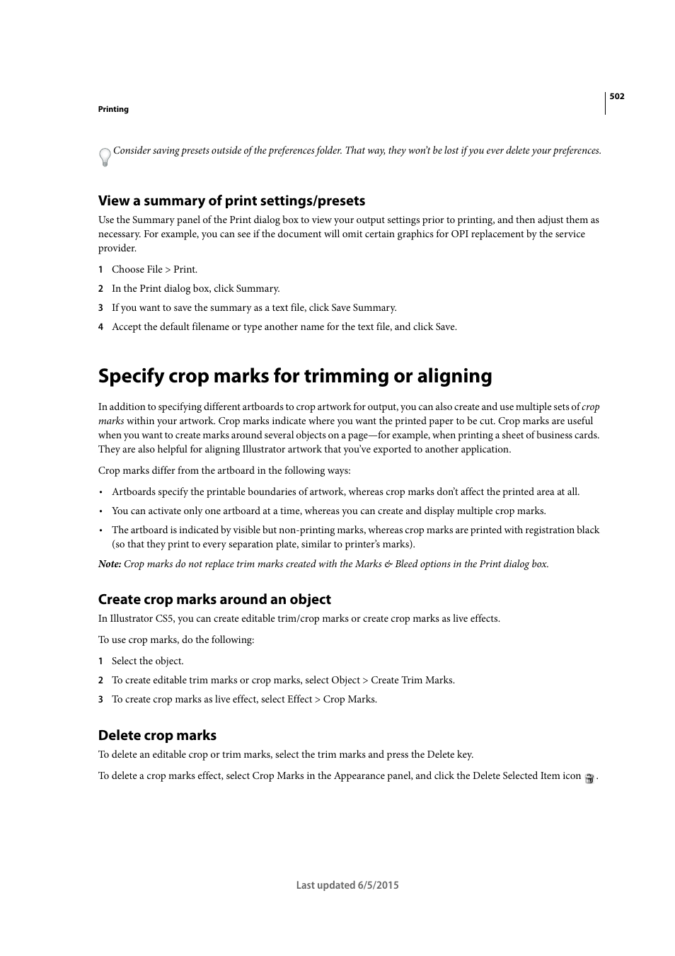 View a summary of print settings/presets, Specify crop marks for trimming or aligning, Create crop marks around an object | Delete crop marks | Adobe Illustrator CC 2015 User Manual | Page 507 / 556