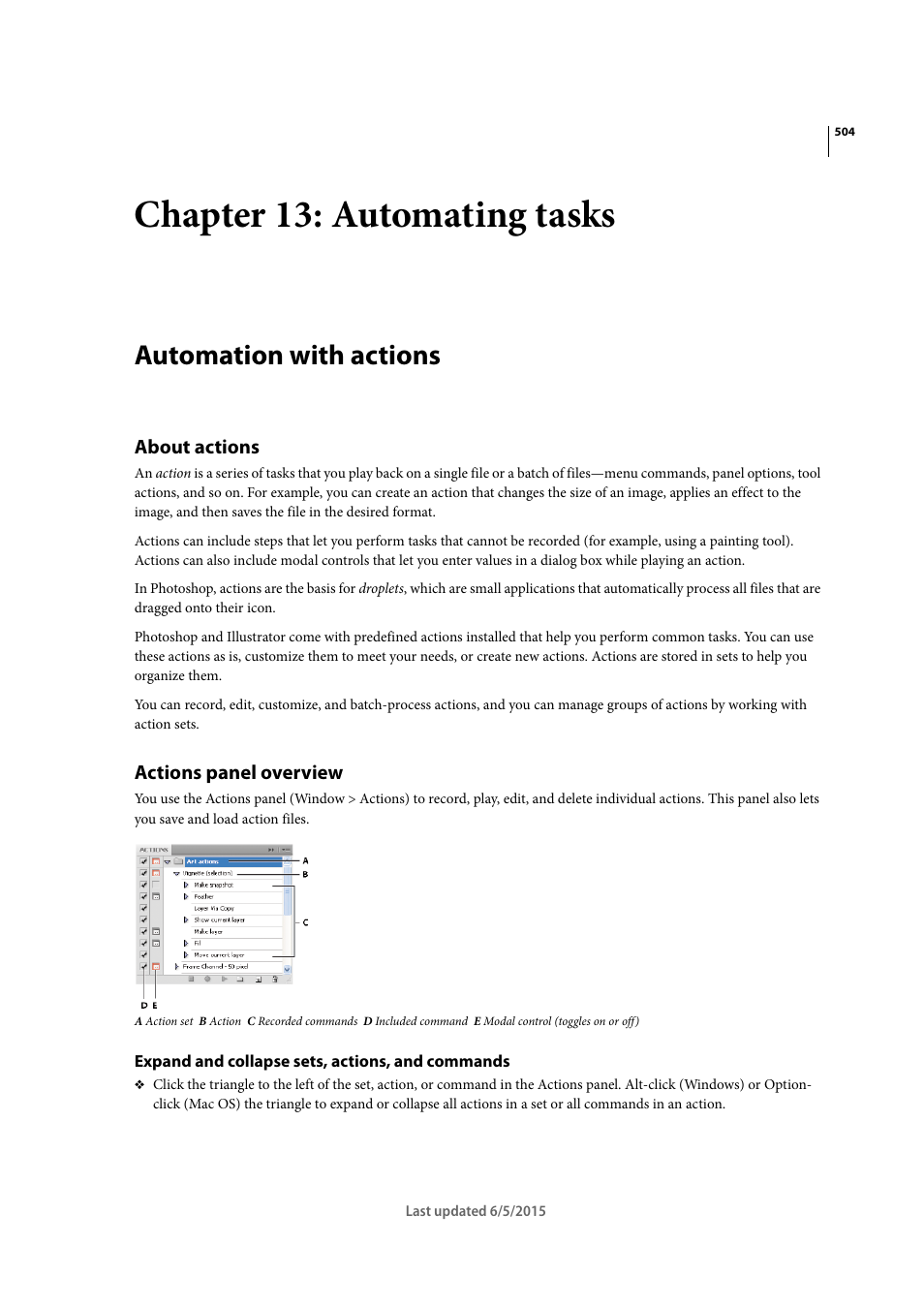 Chapter 13: automating tasks, Automation with actions, About actions | Actions panel overview, Expand and collapse sets, actions, and commands | Adobe Illustrator CC 2015 User Manual | Page 509 / 556