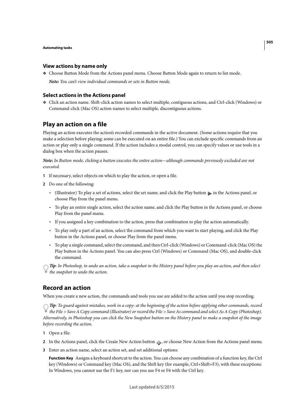 View actions by name only, Select actions in the actions panel, Play an action on a file | Record an action | Adobe Illustrator CC 2015 User Manual | Page 510 / 556