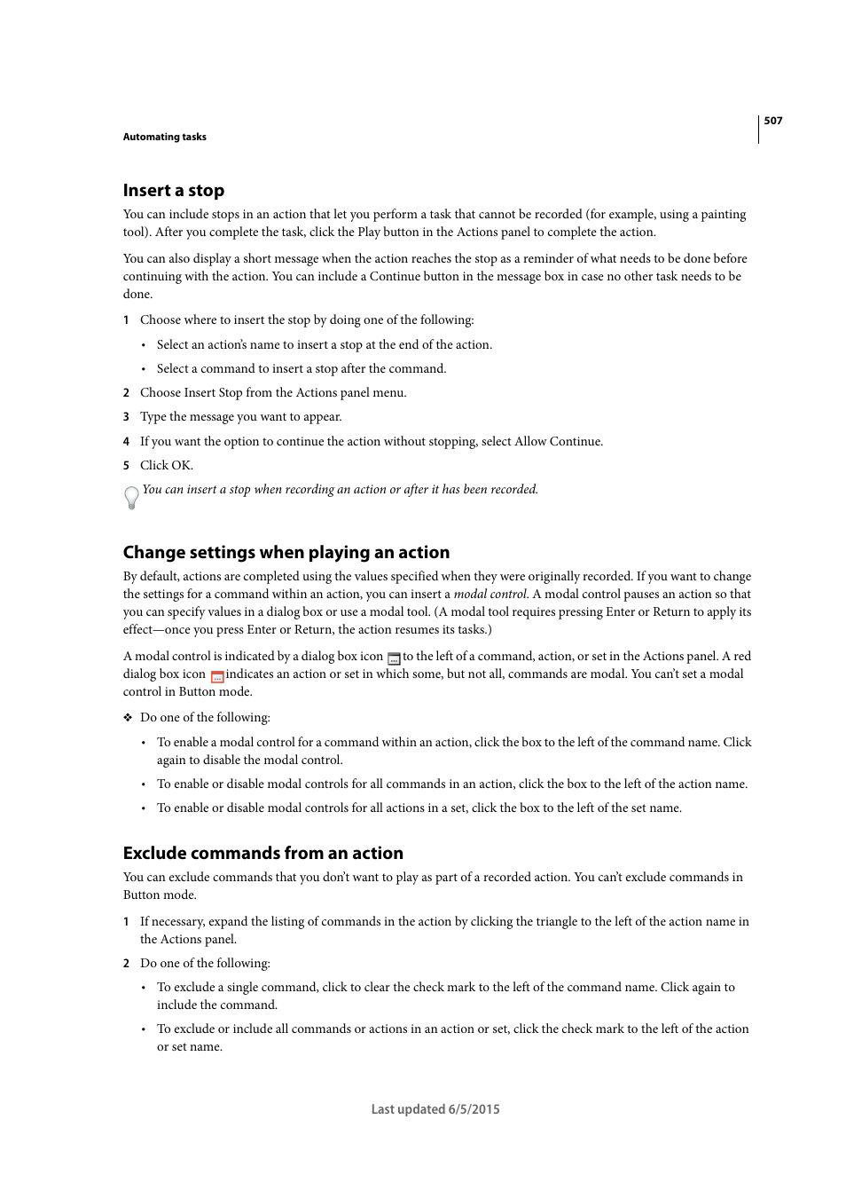 Insert a stop, Change settings when playing an action, Exclude commands from an action | Adobe Illustrator CC 2015 User Manual | Page 512 / 556