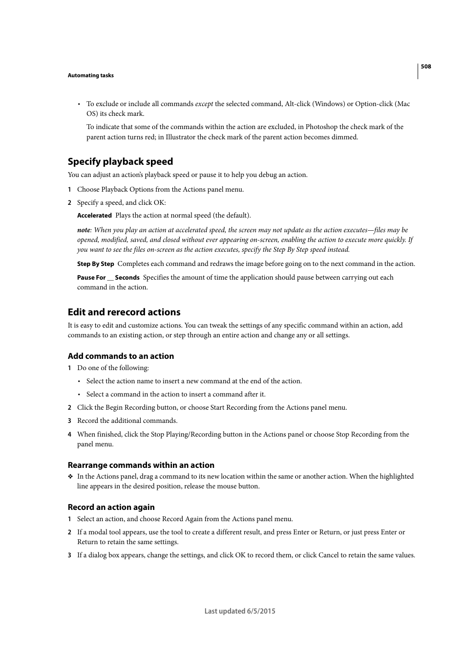 Specify playback speed, Edit and rerecord actions, Add commands to an action | Rearrange commands within an action, Record an action again | Adobe Illustrator CC 2015 User Manual | Page 513 / 556