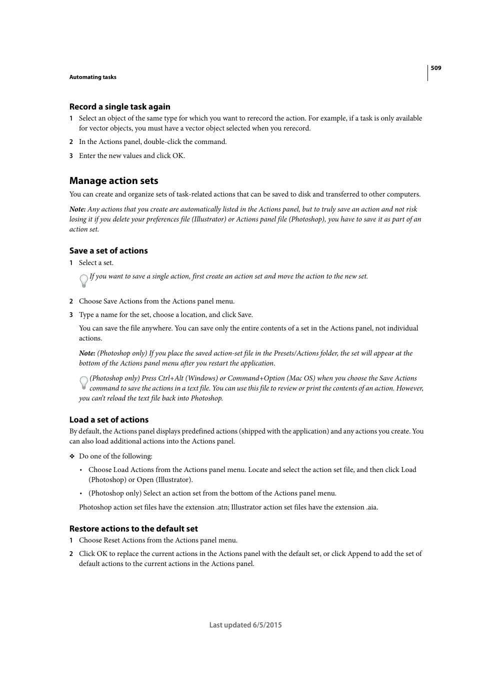 Record a single task again, Manage action sets, Save a set of actions | Load a set of actions, Restore actions to the default set | Adobe Illustrator CC 2015 User Manual | Page 514 / 556