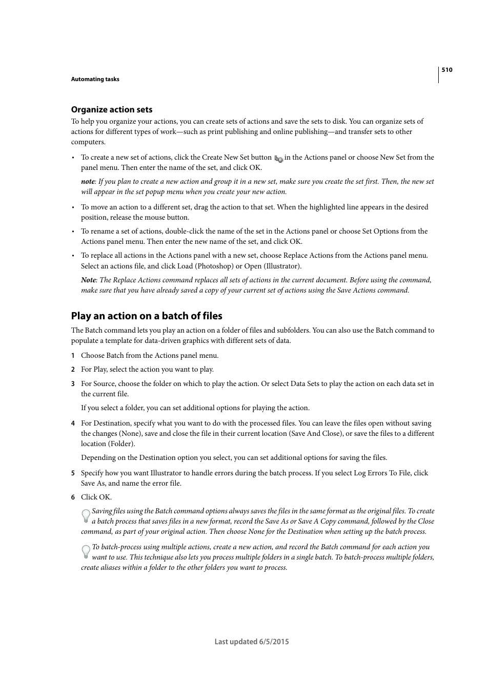 Organize action sets, Play an action on a batch of files | Adobe Illustrator CC 2015 User Manual | Page 515 / 556