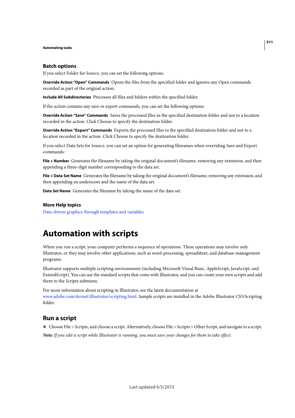 Batch options, Automation with scripts, Run a script | Adobe Illustrator CC 2015 User Manual | Page 516 / 556