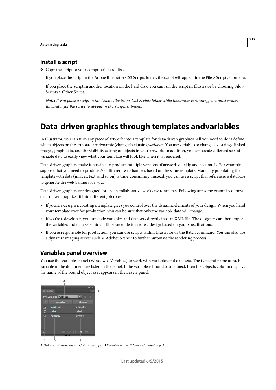 Install a script, Variables panel overview | Adobe Illustrator CC 2015 User Manual | Page 517 / 556