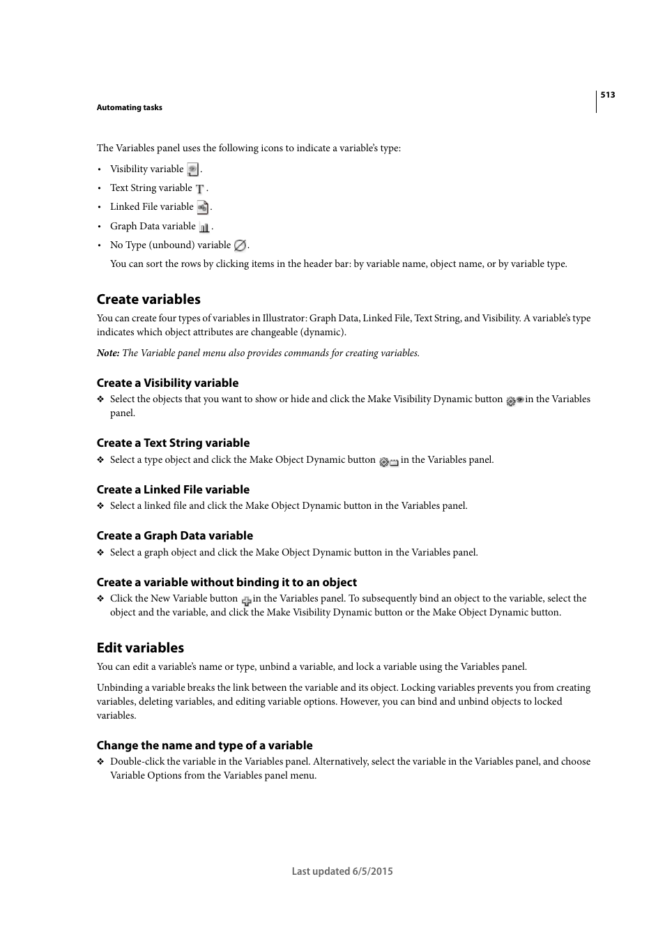 Create variables, Create a visibility variable, Create a text string variable | Create a linked file variable, Create a graph data variable, Create a variable without binding it to an object, Edit variables, Change the name and type of a variable | Adobe Illustrator CC 2015 User Manual | Page 518 / 556