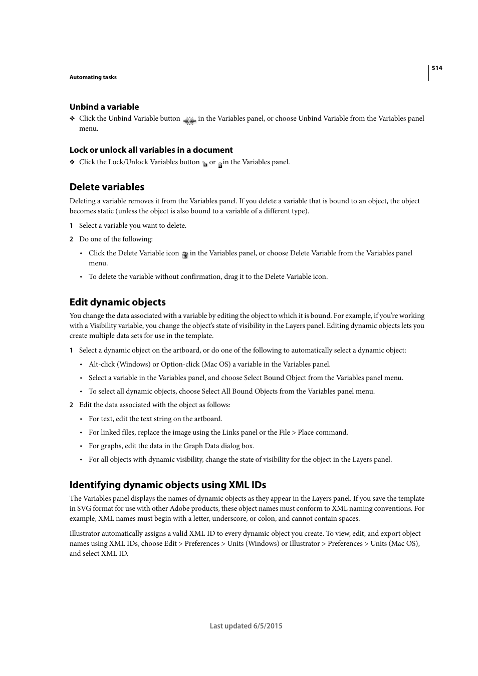 Unbind a variable, Lock or unlock all variables in a document, Delete variables | Edit dynamic objects, Identifying dynamic objects using xml ids | Adobe Illustrator CC 2015 User Manual | Page 519 / 556