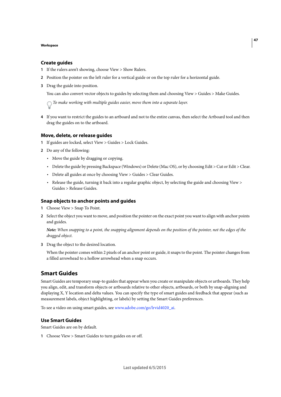 Create guides, Move, delete, or release guides, Snap objects to anchor points and guides | Smart guides, Use smart guides | Adobe Illustrator CC 2015 User Manual | Page 52 / 556
