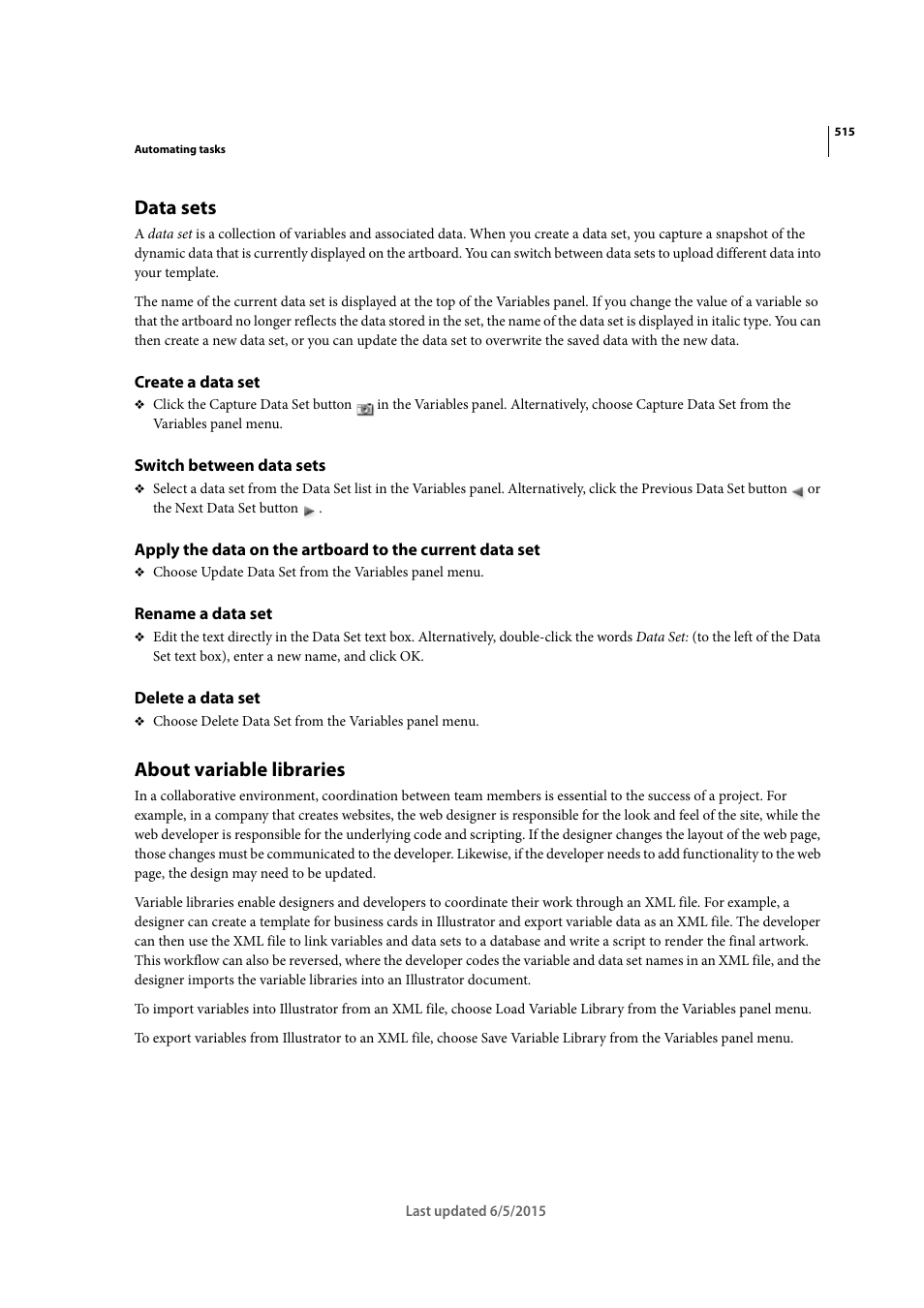 Data sets, Create a data set, Switch between data sets | Rename a data set, Delete a data set, About variable libraries | Adobe Illustrator CC 2015 User Manual | Page 520 / 556