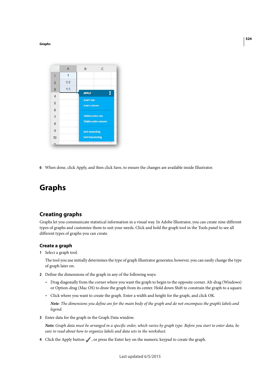 Graphs, Creating graphs, Create a graph | Adobe Illustrator CC 2015 User Manual | Page 529 / 556