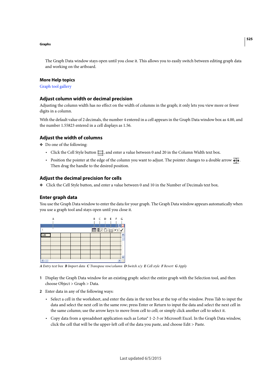Adjust column width or decimal precision, Adjust the width of columns, Adjust the decimal precision for cells | Enter graph data | Adobe Illustrator CC 2015 User Manual | Page 530 / 556
