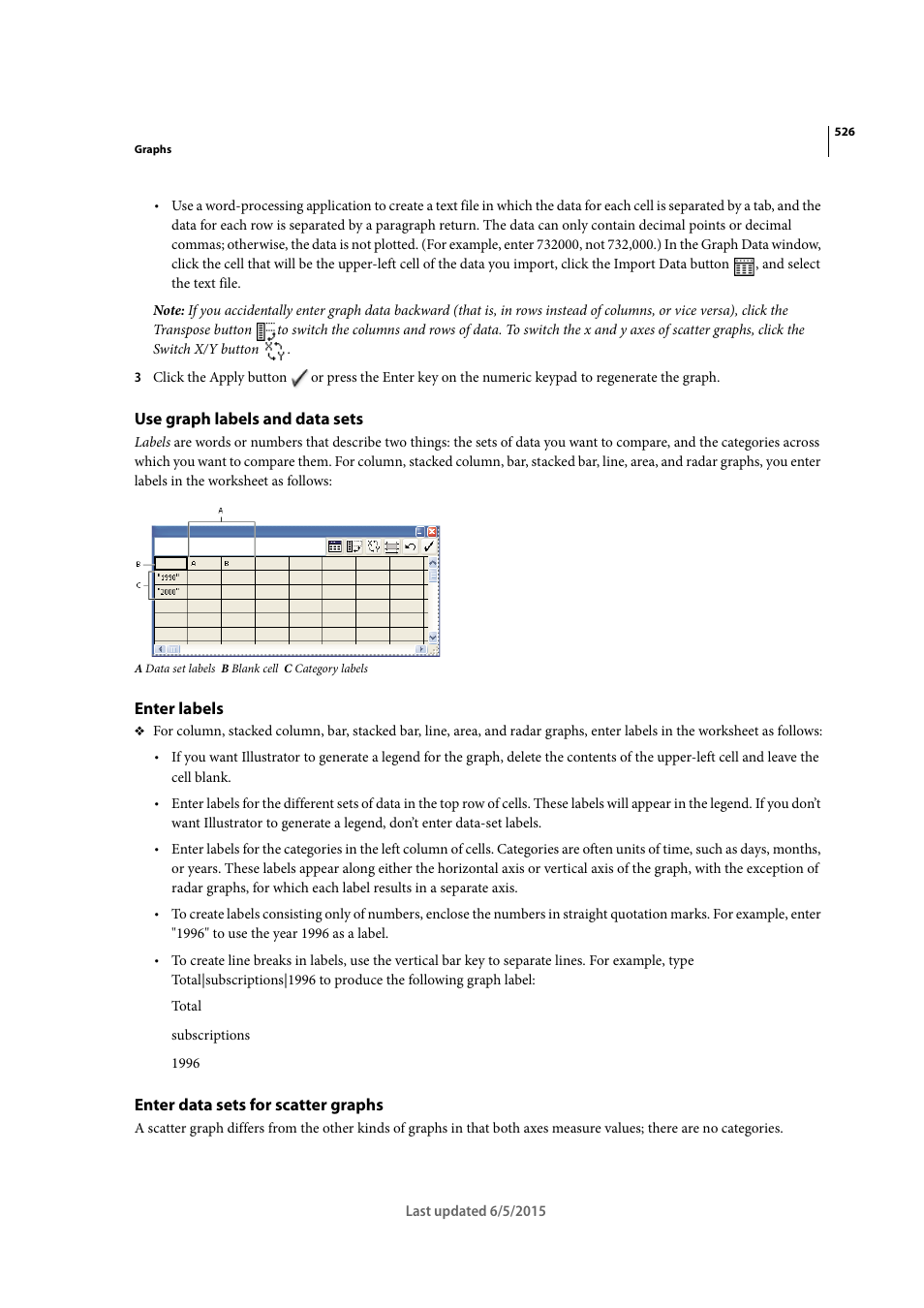 Use graph labels and data sets, Enter labels, Enter data sets for scatter graphs | Adobe Illustrator CC 2015 User Manual | Page 531 / 556