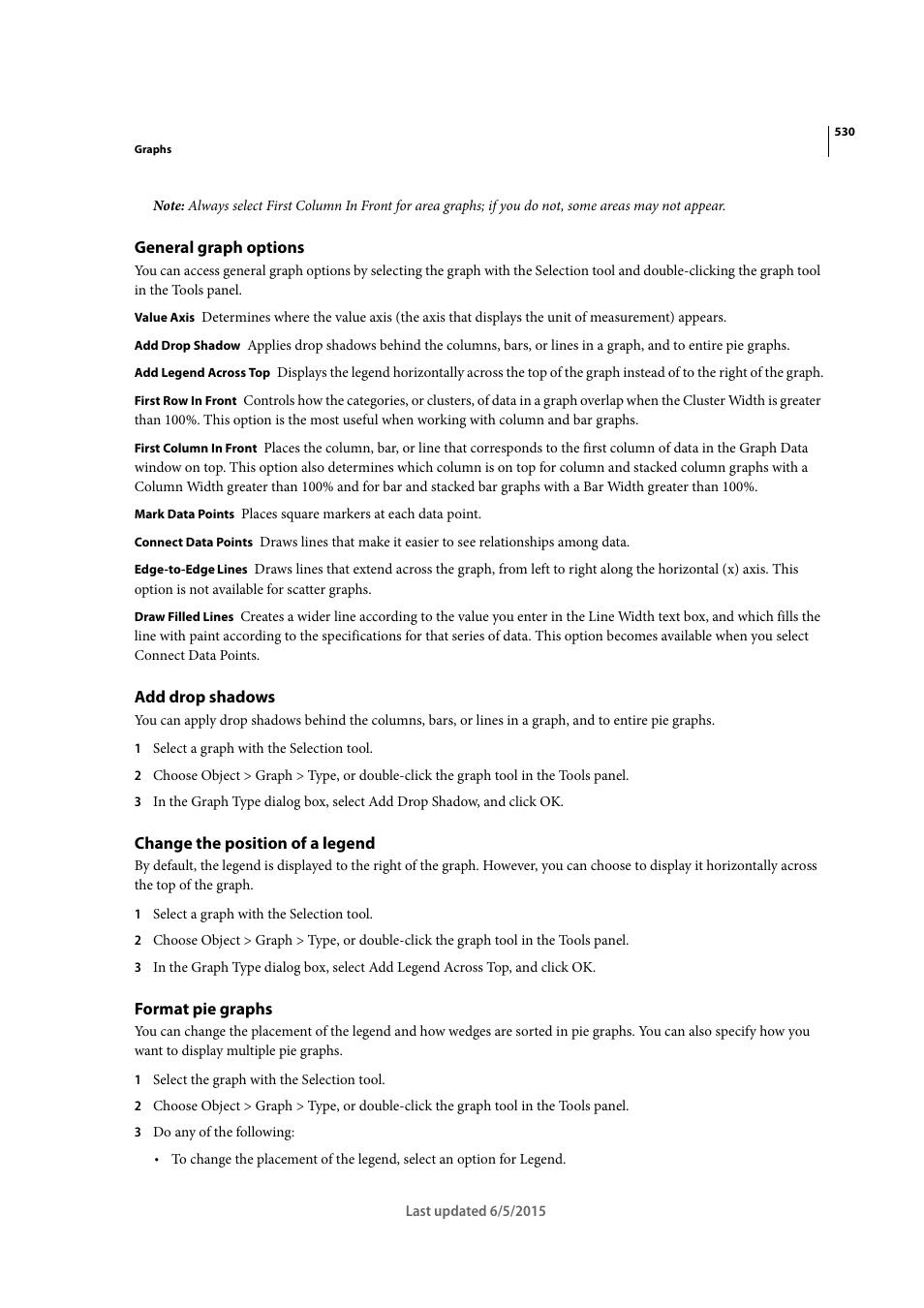 General graph options, Add drop shadows, Change the position of a legend | Format pie graphs | Adobe Illustrator CC 2015 User Manual | Page 535 / 556