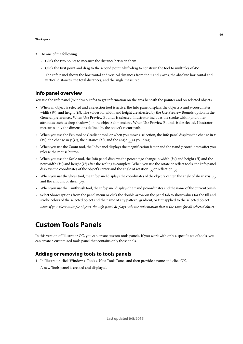 Info panel overview, Custom tools panels, Adding or removing tools to tools panels | Adobe Illustrator CC 2015 User Manual | Page 54 / 556