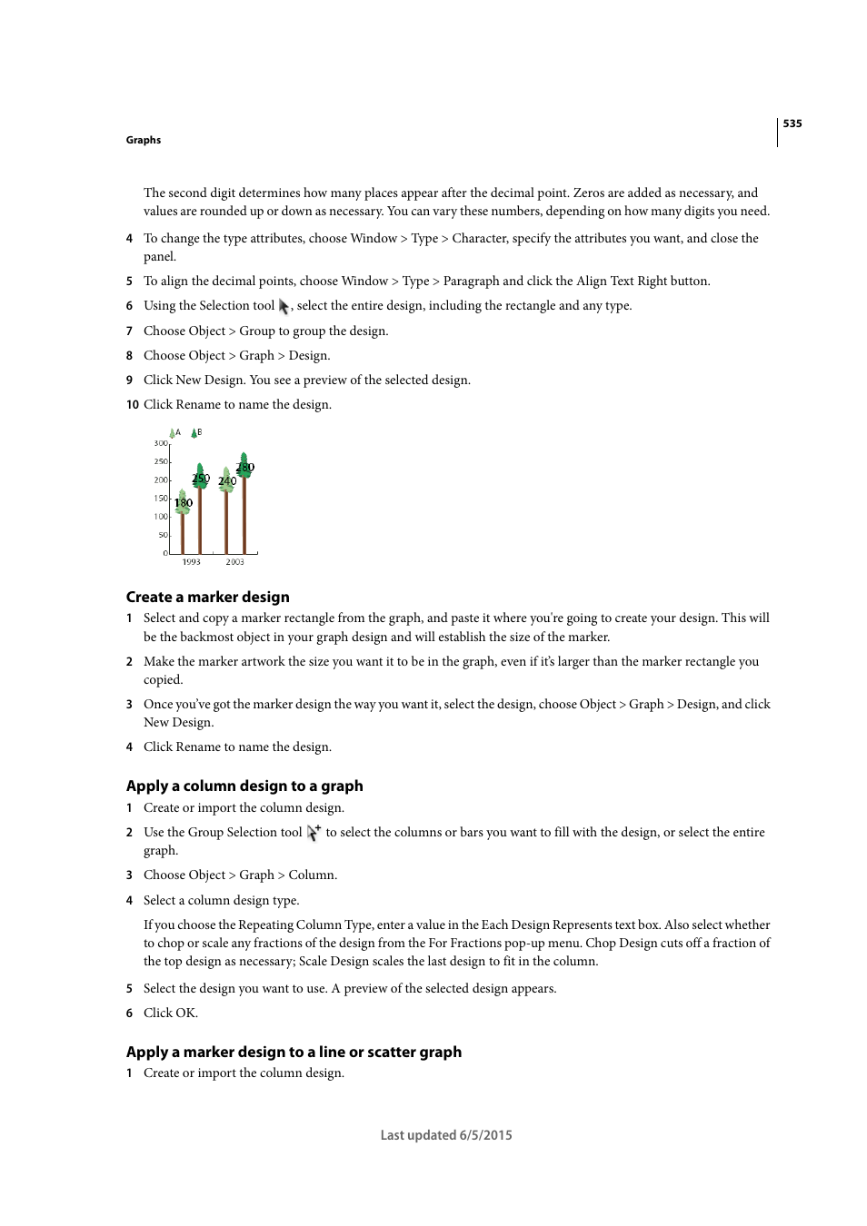 Create a marker design, Apply a column design to a graph, Apply a marker design to a line or scatter graph | Adobe Illustrator CC 2015 User Manual | Page 540 / 556