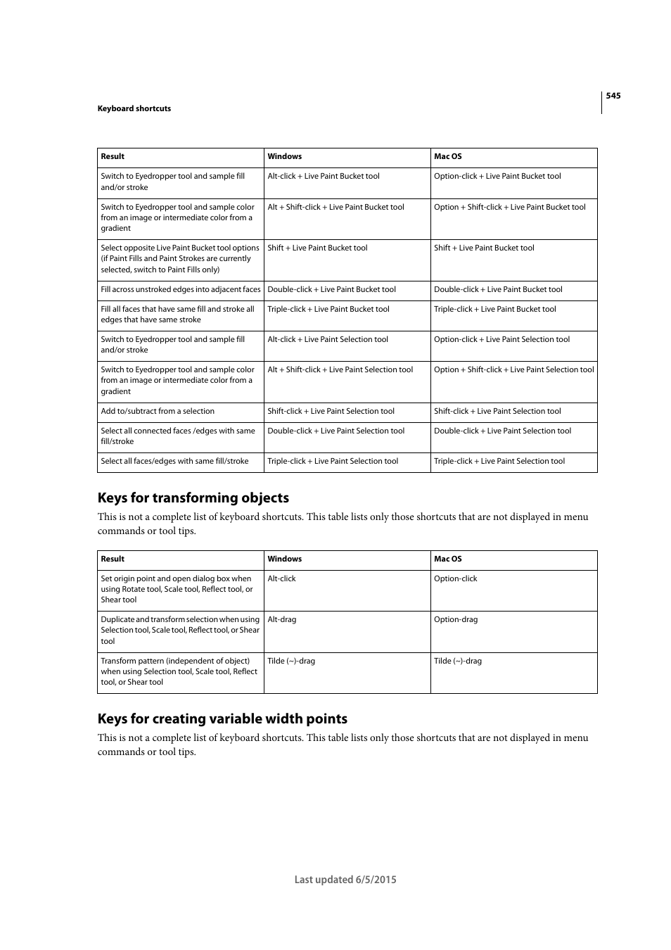 Keys for transforming objects, Keys for creating variable width points | Adobe Illustrator CC 2015 User Manual | Page 550 / 556