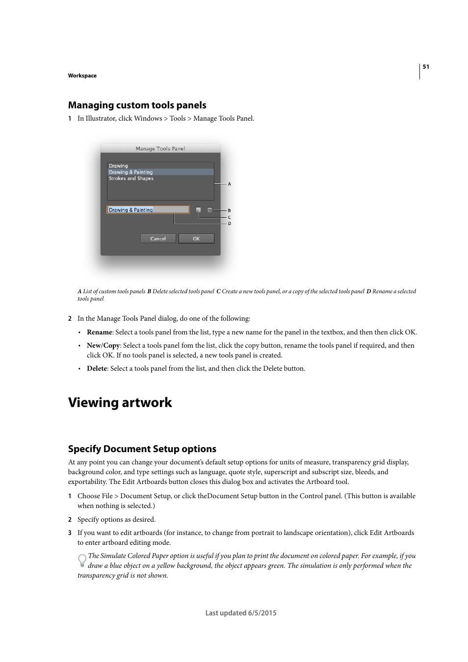 Managing custom tools panels, Viewing artwork, Specify document setup options | Adobe Illustrator CC 2015 User Manual | Page 56 / 556