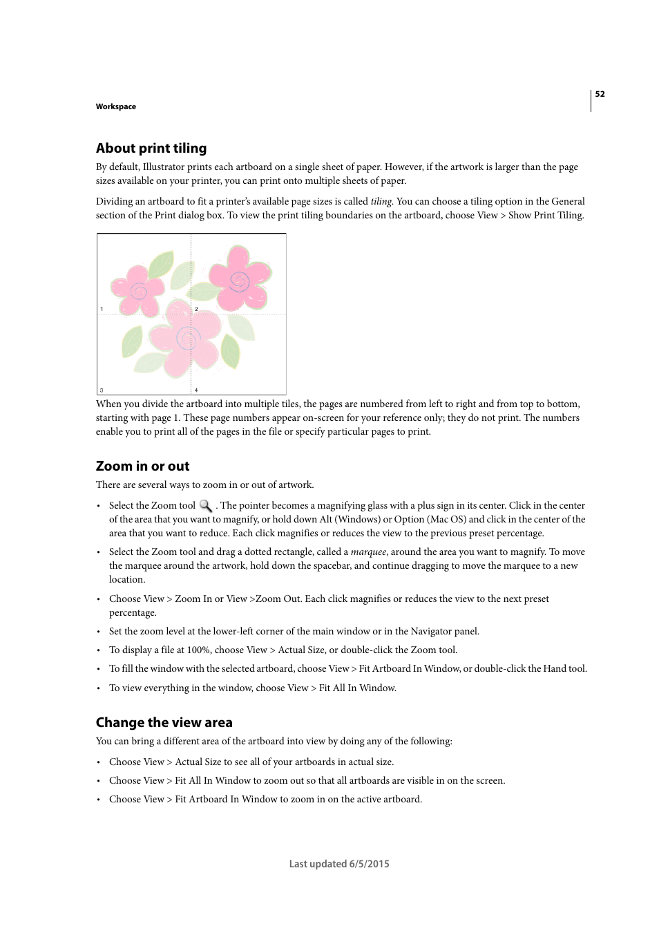 About print tiling, Zoom in or out, Change the view area | Adobe Illustrator CC 2015 User Manual | Page 57 / 556