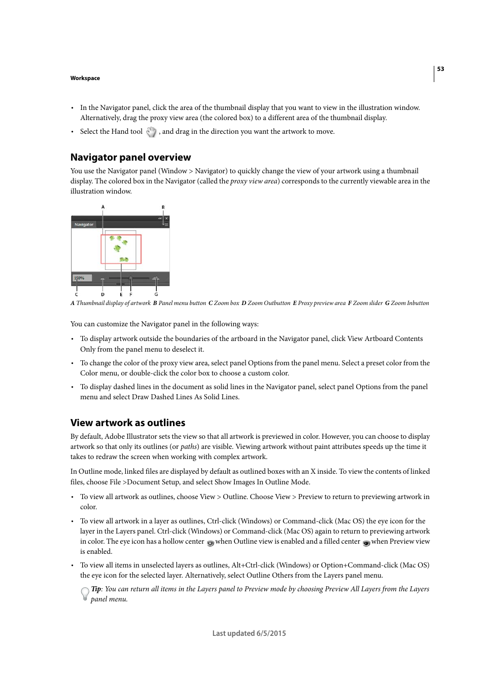 Navigator panel overview, View artwork as outlines | Adobe Illustrator CC 2015 User Manual | Page 58 / 556