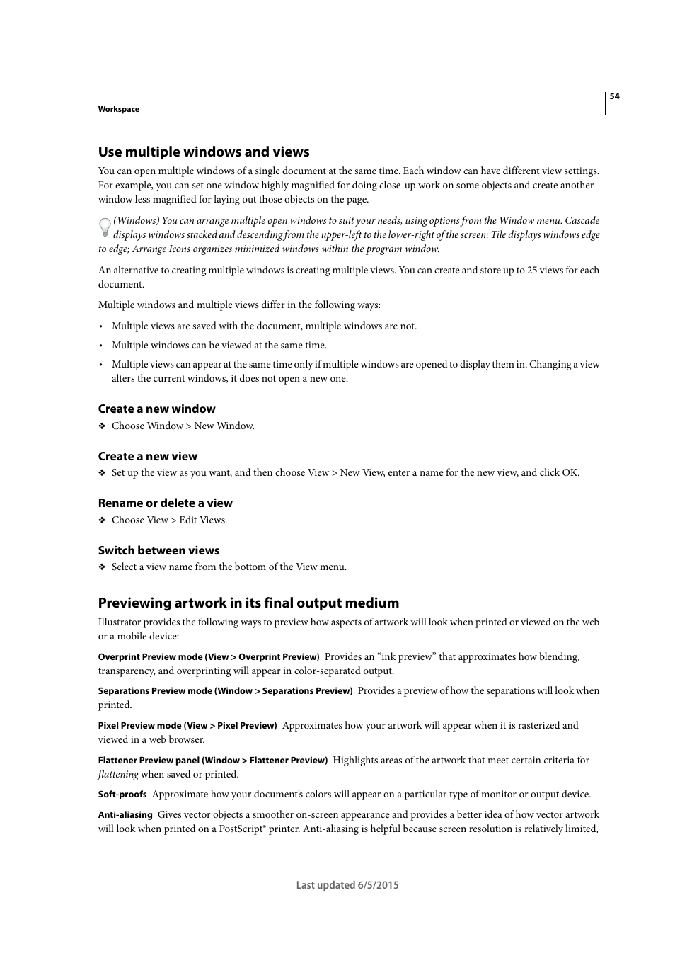 Use multiple windows and views, Create a new window, Create a new view | Rename or delete a view, Switch between views, Previewing artwork in its final output medium | Adobe Illustrator CC 2015 User Manual | Page 59 / 556