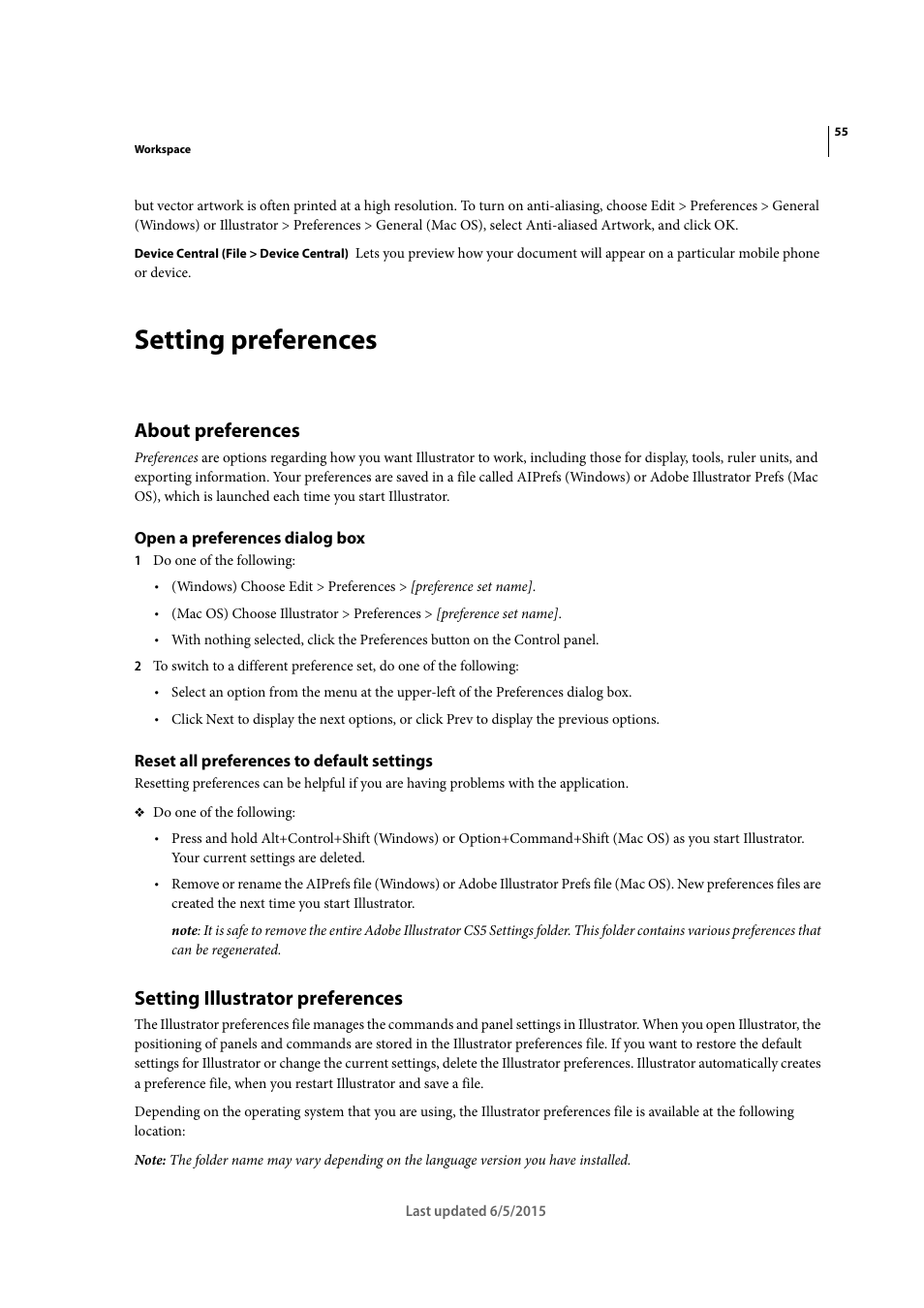 Setting preferences, About preferences, Open a preferences dialog box | Reset all preferences to default settings, Setting illustrator preferences | Adobe Illustrator CC 2015 User Manual | Page 60 / 556