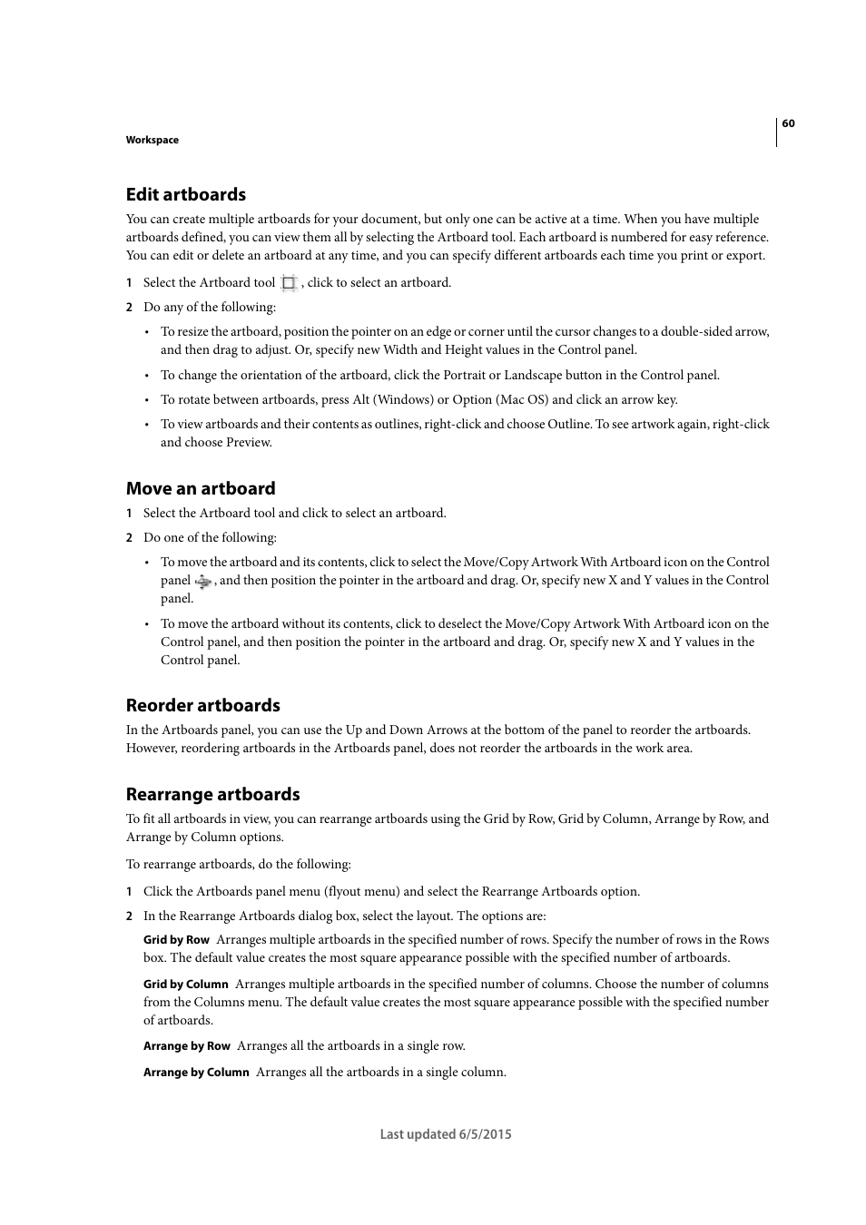 Edit artboards, Move an artboard, Reorder artboards | Rearrange artboards | Adobe Illustrator CC 2015 User Manual | Page 65 / 556