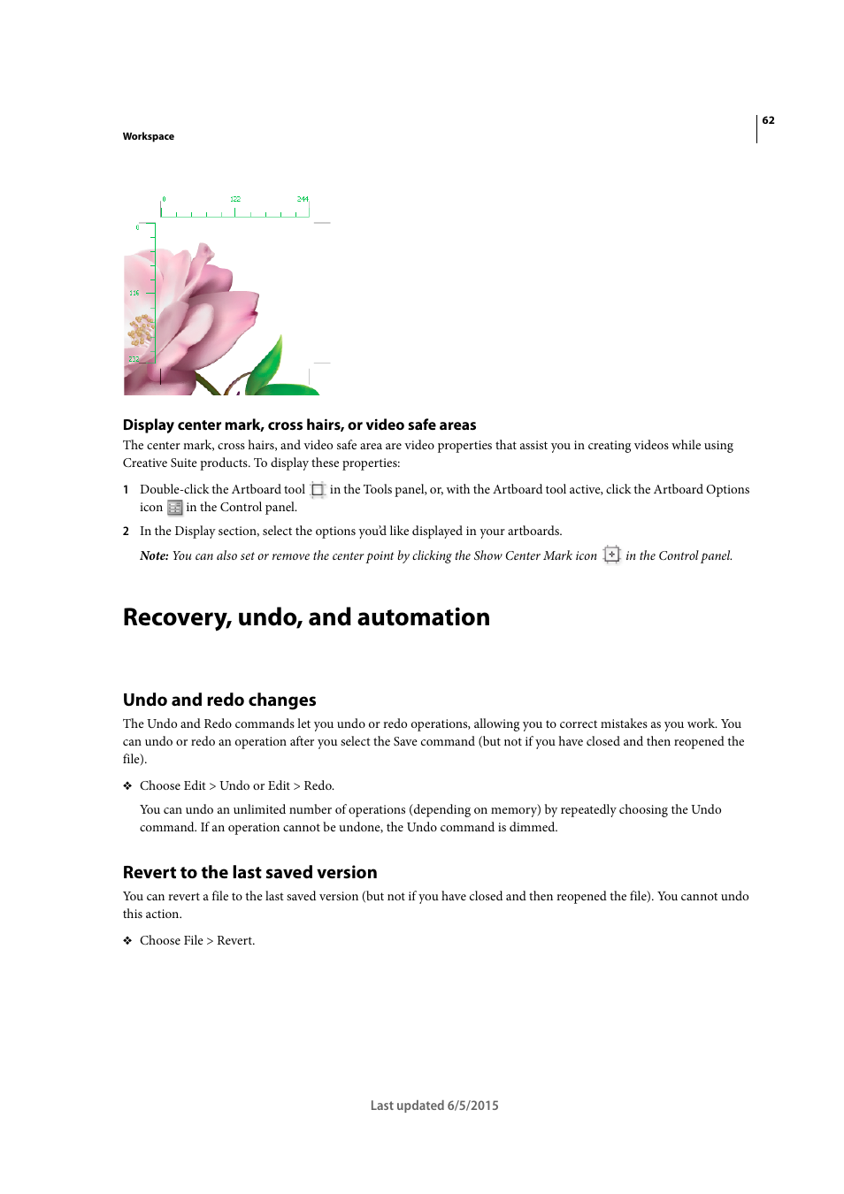 Recovery, undo, and automation, Undo and redo changes, Revert to the last saved version | Adobe Illustrator CC 2015 User Manual | Page 67 / 556