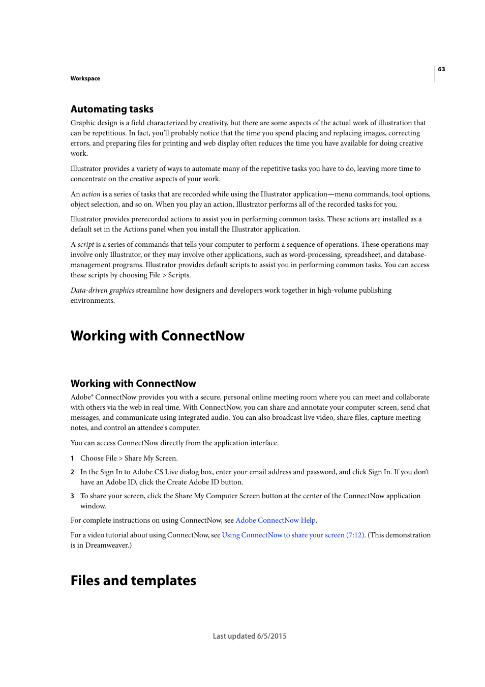 Automating tasks, Working with connectnow, Files and templates | Adobe Illustrator CC 2015 User Manual | Page 68 / 556