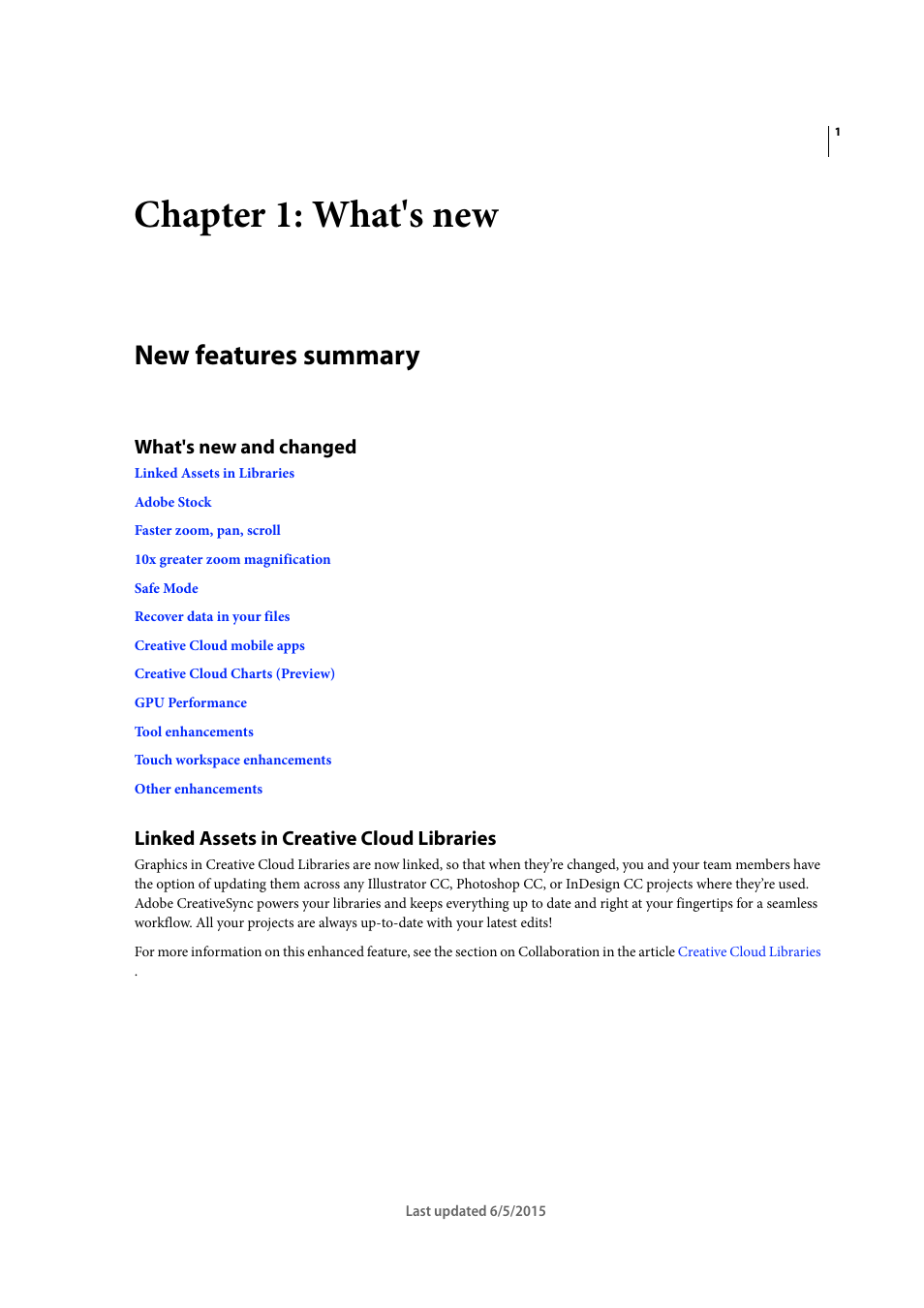 Chapter 1: what's new, New features summary, What's new and changed | Linked assets in creative cloud libraries | Adobe Illustrator CC 2015 User Manual | Page 7 / 556