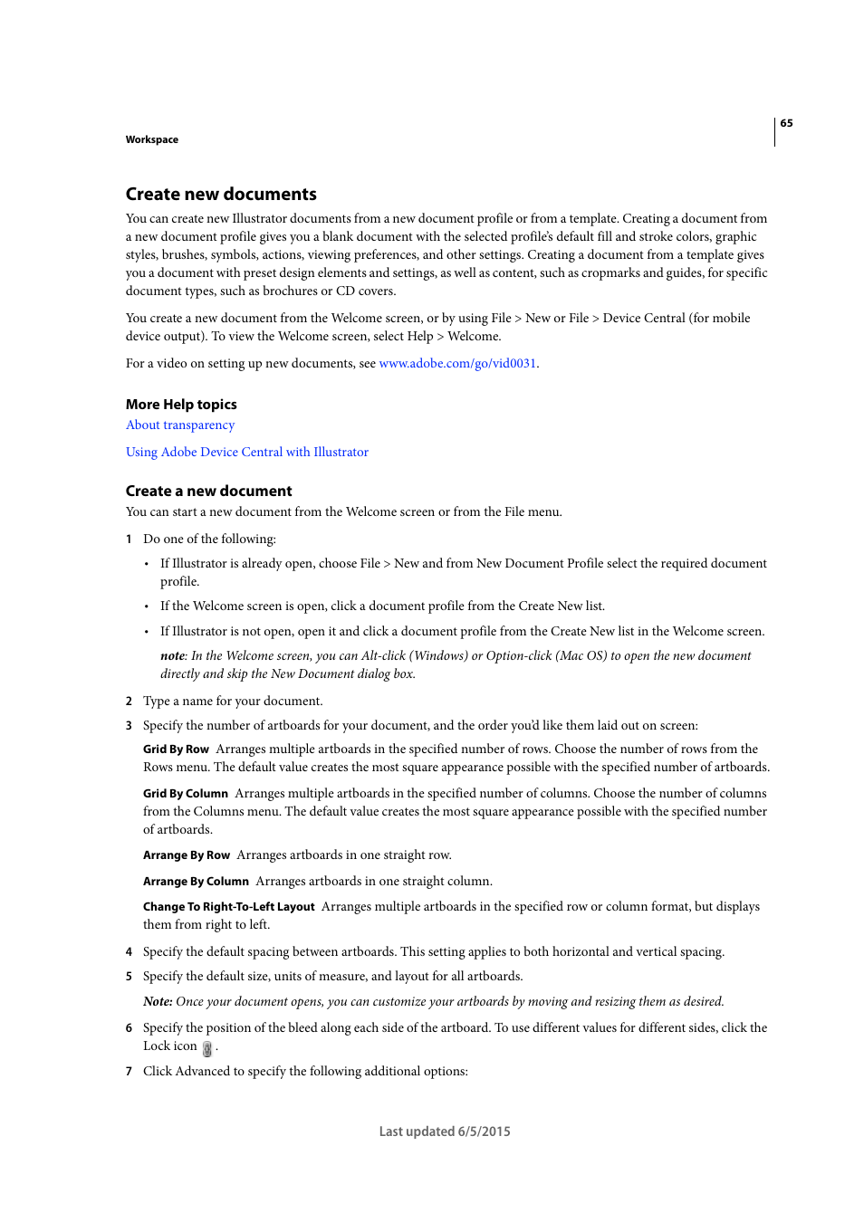 Create new documents, Create a new document | Adobe Illustrator CC 2015 User Manual | Page 70 / 556