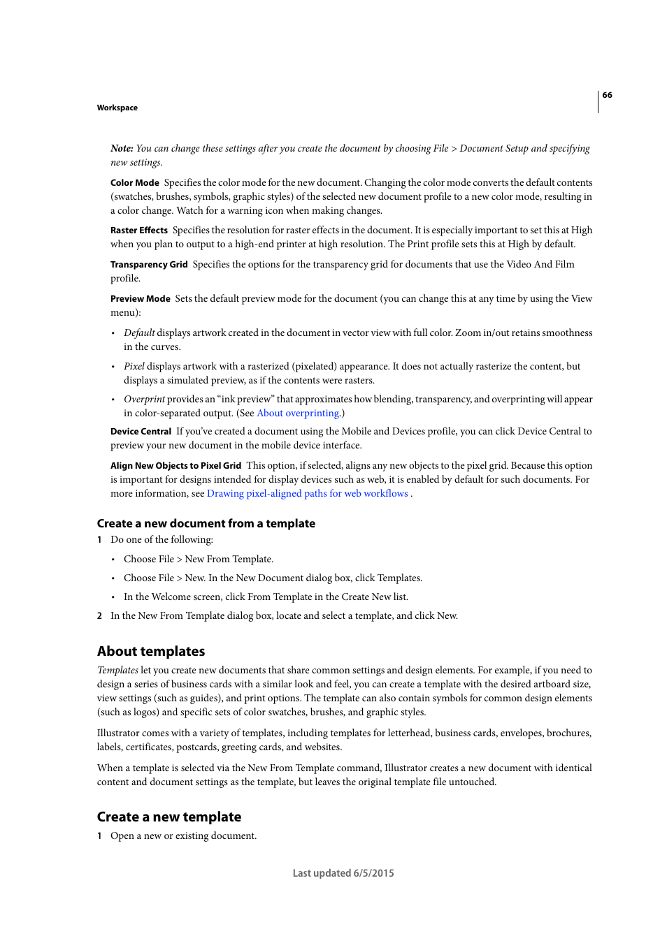 Create a new document from a template, About templates, Create a new template | Adobe Illustrator CC 2015 User Manual | Page 71 / 556